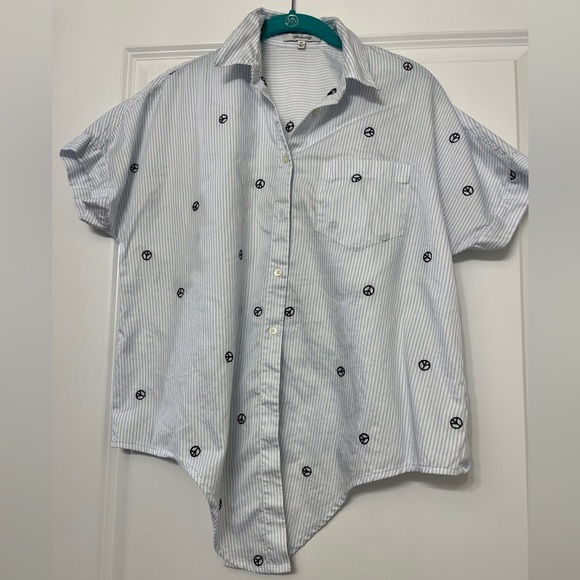Madewell Embroidered Oversized Peace Sign Short Sleeve Tie Front Striped Shirt - Picture 2 of 13